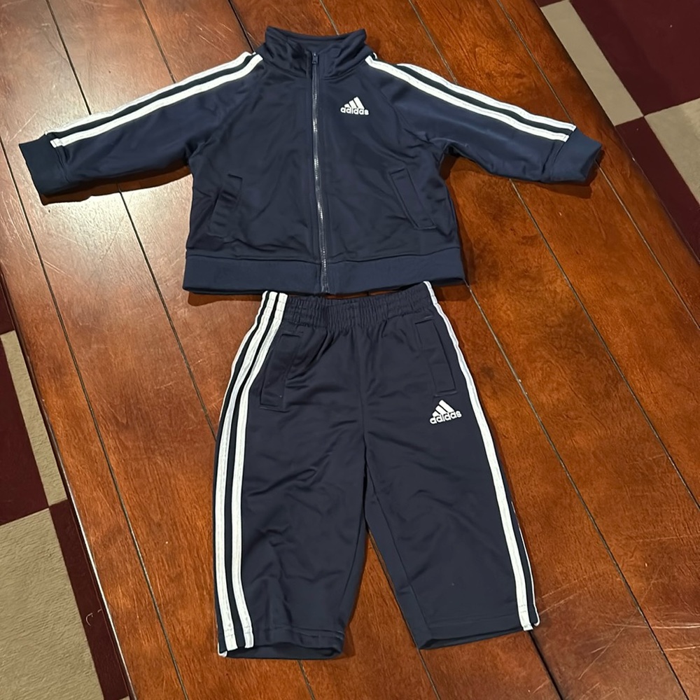 Adidas 2 piece Navy Blue & White Track Suit embroidered Spellout across back 9M